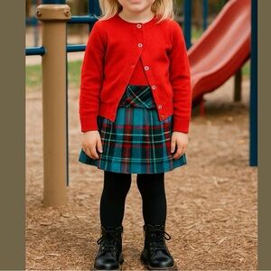 Zara Orange-Red Cardigan + Children’s Place Plaid Pleated Kilt Skirt 3T–4T